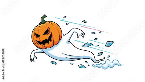 Spooky ghost with a pumpkin head flying fast through the air with speed lines and debris behind it in a dynamic halloween themed illustration.