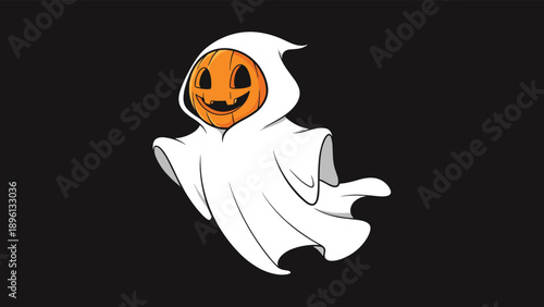 Classic white ghost wearing a smiling pumpkin mask over its head floating in the air against a black background for spooky halloween art decor.