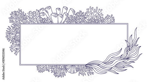 Rectangular border frame surrounded by detailed line drawings of coral reefs seaweed and shells in a dark blue color for marine themed designs.
