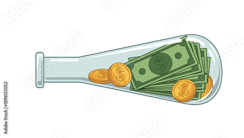 Glass bottle lying on its side and filled with green paper money and gold coins representing savings wealth and financial security concept.