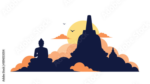 Dark silhouette of the Borobudur temple stupas and a Buddha statue against a colorful sunset sky with clouds and flying birds in Indonesia.