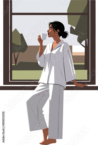 Isolated a Young woman in white relaxed clothing standing barefoot by the window and drinking coffee and looking outside vector art with white background.