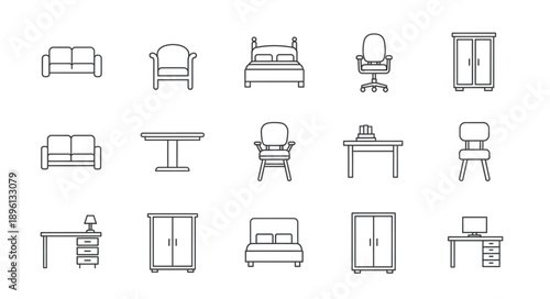 Collection of simple line art furniture icons for interior design.