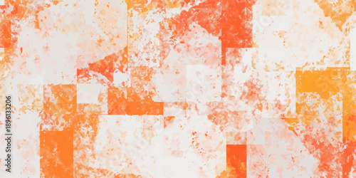オレンジと淡色が重なる抽象モザイク背景 かすれ質感のグランジ風スクエアパターン 非透過ベクターテクスチャ素材/Abstract Orange Mosaic Background with Distressed Texture Grunge Square Pattern Non Transparent Vector Texture
