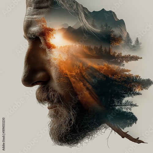 Double exposure artistic portrait of Jesus Christ face and mountain nature landscape. Conceptual silhouette of spiritual faith, hope and christian religion