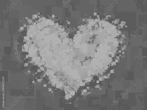 グレースケール背景にピクセル崩れで描かれたハートアイコン 感情・愛情を抽象的に表現したデジタル風デザイン ベクター非透過素材/Pixelated Heart Icon on Grayscale Background Abstract Digital Love Concept Vector Non-Transparent Design