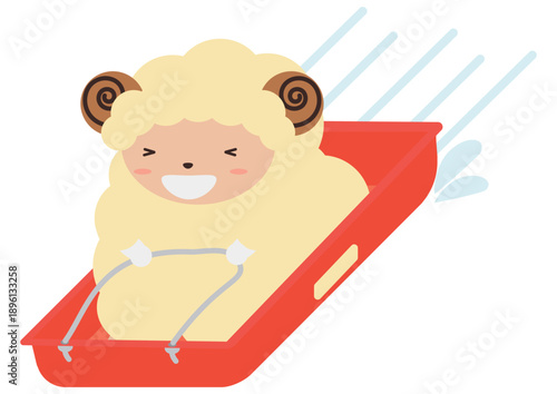 そり滑りで雪山を駆け下りる羊のキャラクター 勢いのある冬のレジャーイラスト