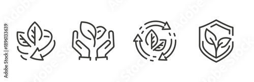 ecology icon set, line icons of save nature, shield with leaves, organic recycling, ecological circle refresh, vector simple signs