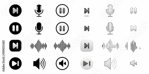 Collection of black and white audio and media control icons