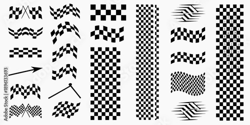 A collection of black and white checkered patterns and wavy lines