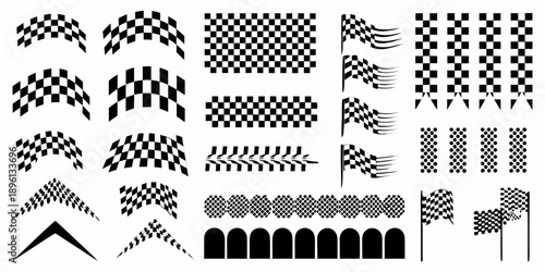 Collection of black and white checkered flags in various orientations