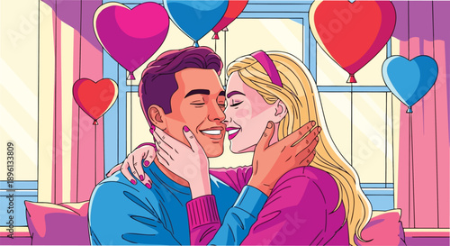 Romantic couple kissing under colorful heart balloons comic style art