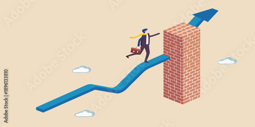 Businessperson climbing a brick wall representing growth and overcoming obstacles