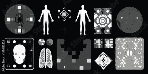 Collection of grayscale test patterns and anatomical illustrations