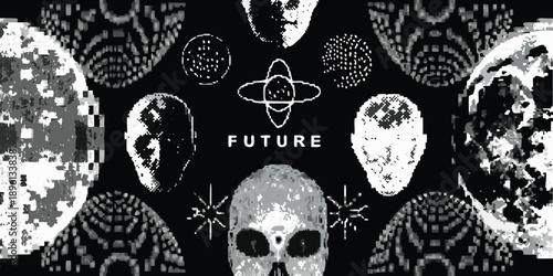 Abstract digital collage featuring skulls planets and the word future