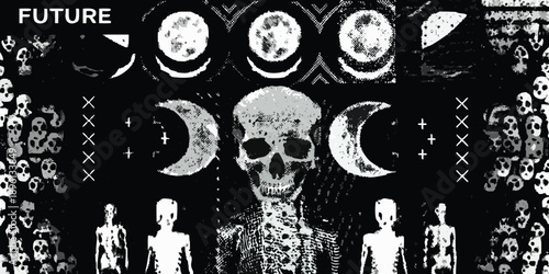 A stark monochromatic image featuring skulls moons and skeletal figures
