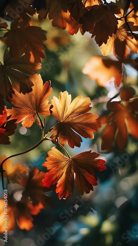 Autumn leaves on a tree branch.