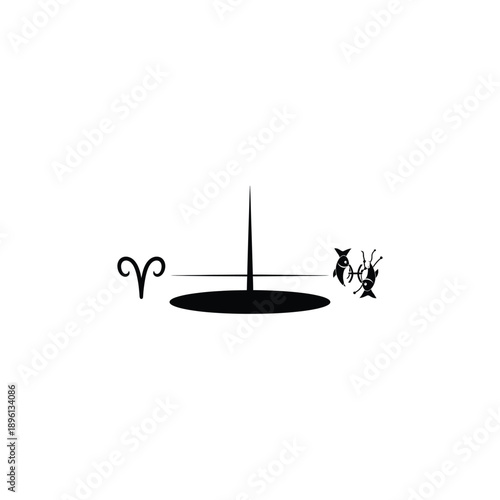 Aries zodiac symbol and two fish on scales, representing balance and astrological signs