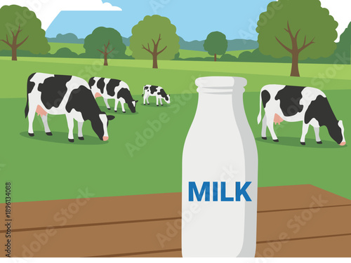 Milk Bottle with Grazing Cows on Green Pasture