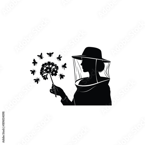 Beekeeper woman with flower and flying bees, symbolizing nature and apiculture