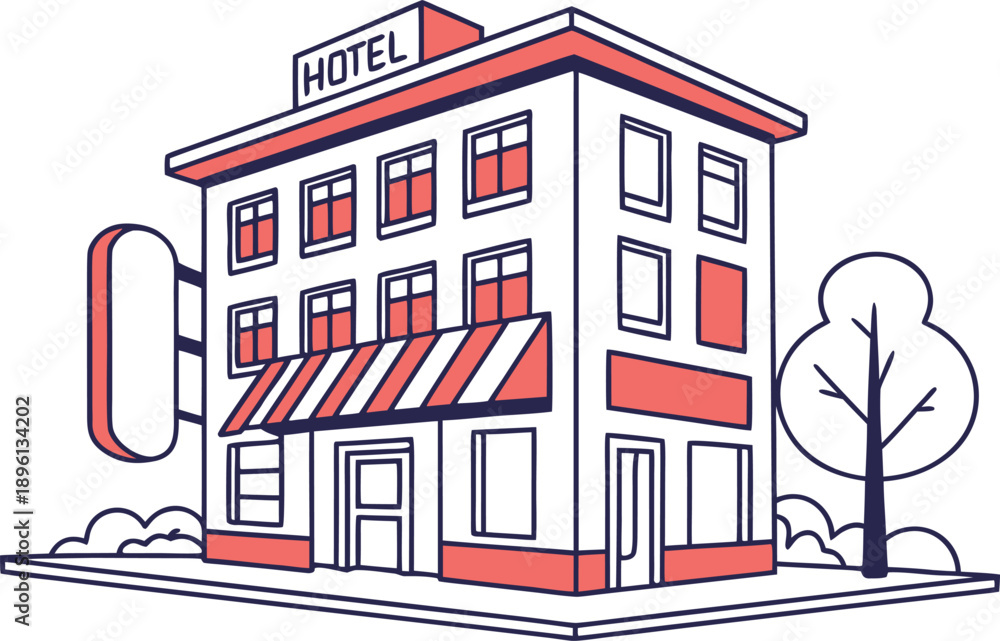Fototapeta premium Modern Hotel Building Illustration. Luxury Hotel Exterior Design. Hotel Accommodation Illustration. Contemporary Hotel Building Design. Urban Hotel Architecture Illustration. Boutique Hotel Exterior