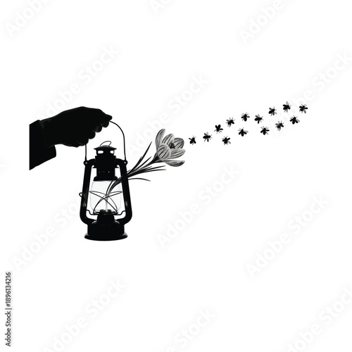 Hand holding lantern with flower and trailing bees, symbolizing guidance and inspiration