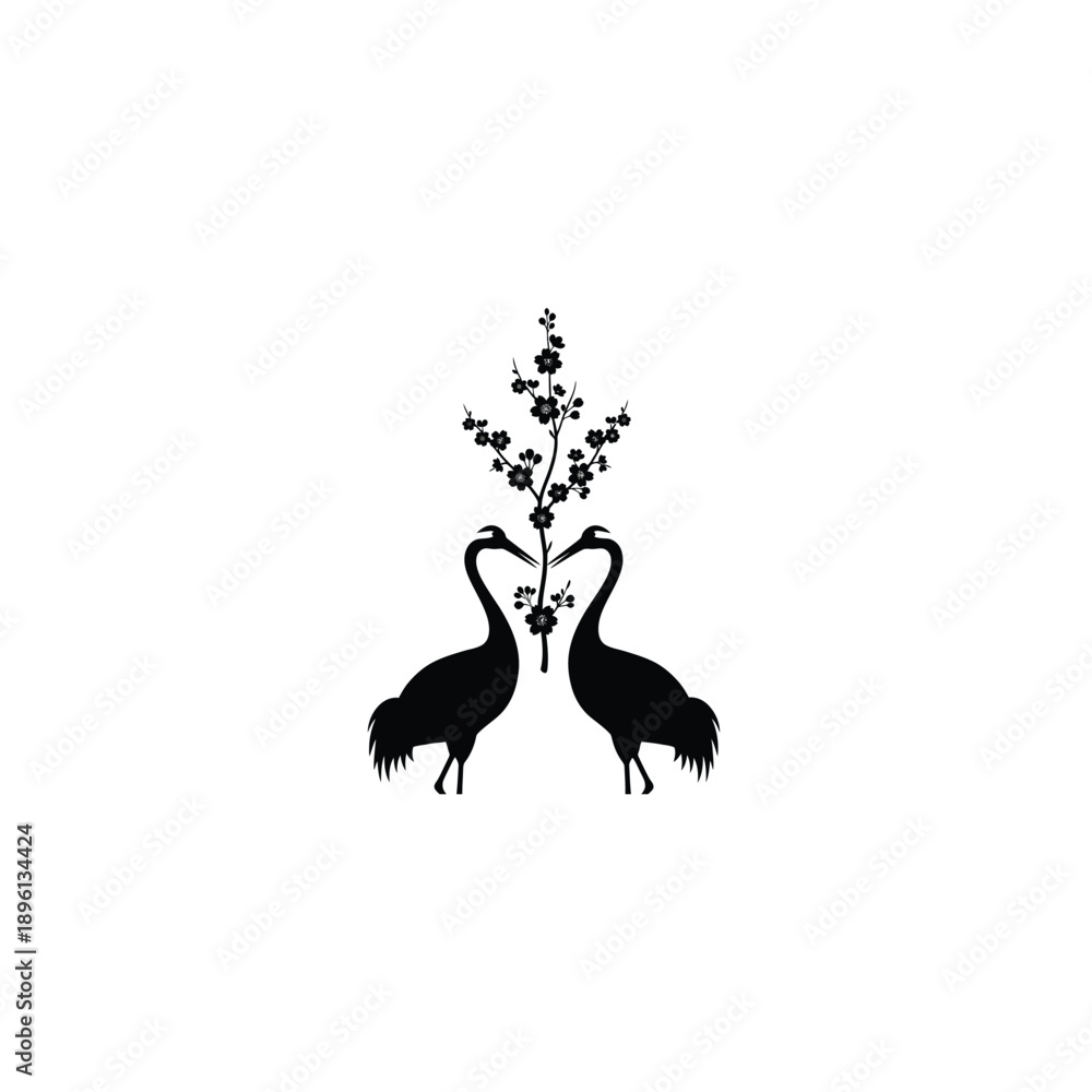 Fototapeta premium Two cranes and cherry blossoms forming a heart shape