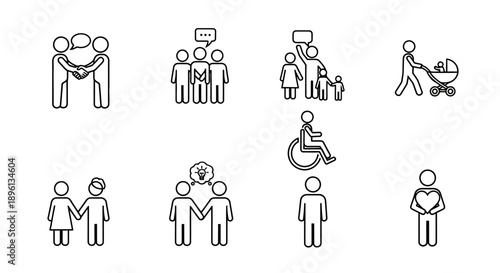 Collection of simple line art icons representing people and social interactions.