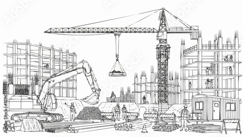 Construction site with crane and excavator building structures.