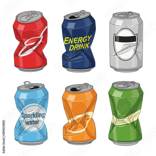 Crushed Soda Cans Collection - Energy Drink, Sparkling Water, Refreshment