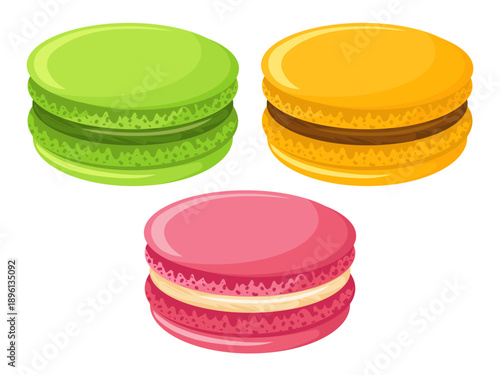 Sweet French macaroons. Flat vector illustration of colorful dessert cookies isolated on white background.