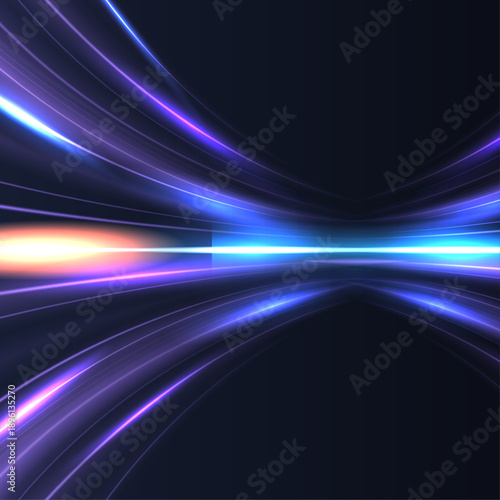 Abstract High Speed Motion Light Trails with Blue and Purple Neon Glow on Dark Background