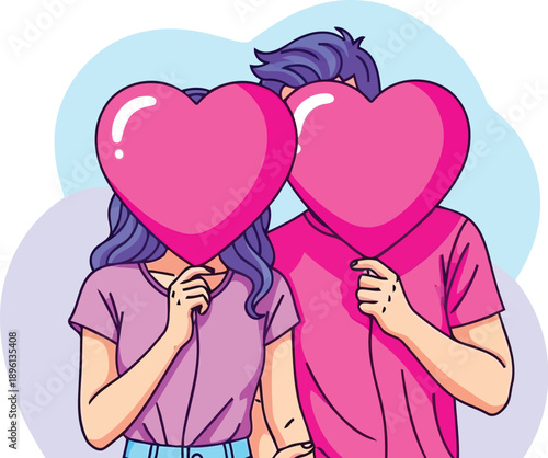 Young lovers hiding behind pink heart balloons cartoon illustration