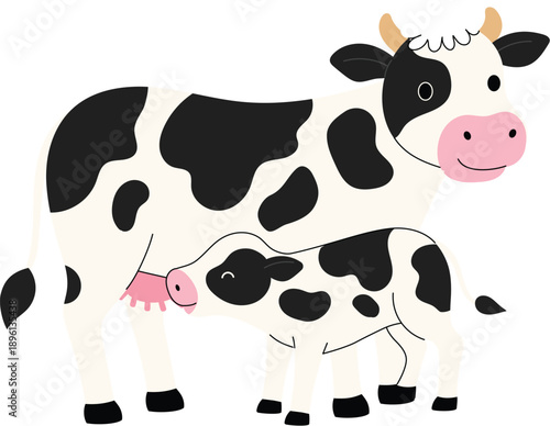 happy mother cow nursing a calf cartoon, cute diary cow with little calf illustration