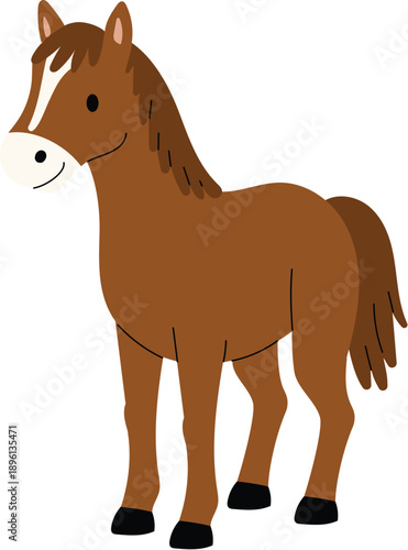 cute brown horse cartoon illustration, funny wildlife mare character