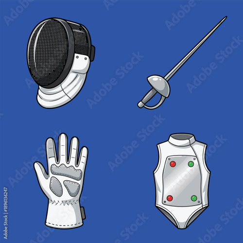 Fencing Equipment Set - Mask, Foil, Glove, and Vest on Blue Background.