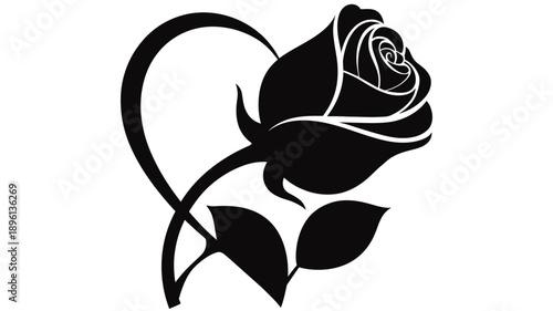A black and white minimalist rose silhouette with a single leaf and stem