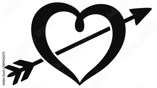 A black and white heart pierced by an arrow symbolizing love and romance silhouette