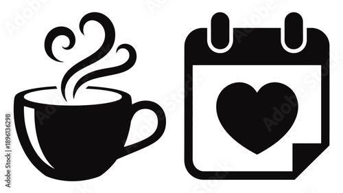 Black silhouette of a coffee cup with steam and a calendar with a heart symbol