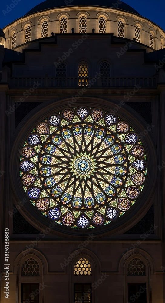 Obraz premium Intricate geometric stained glass rose window illuminated at night on the facade of a grand building.