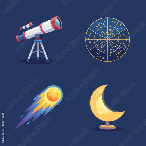 Astronomy Icons Set Telescope Constellation Moon Comet.