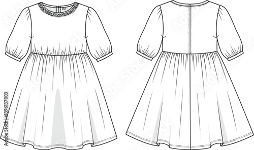 Girl’s dress, front view, back view, puff sleeve, round neck, flared skirt, stitching, fashion sketch, editable, flat vector illustration