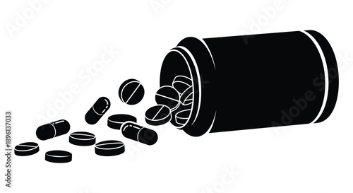 Pills spilling from an open bottle a striking black silhouette