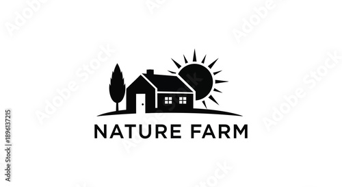 Naturel farm with trees and sun a nature scene in black silhouette