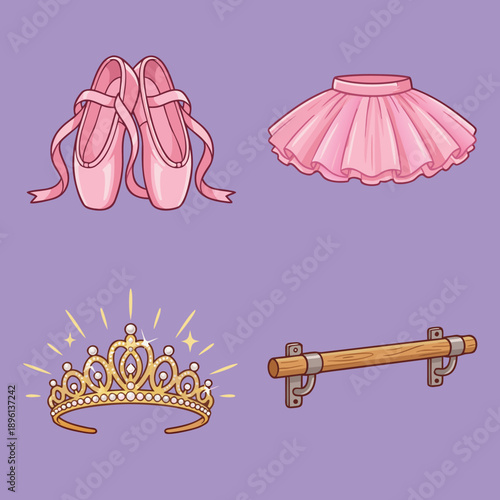Ballet Accessories Collection with Pointe Shoes Tutu Tiara and Barre.