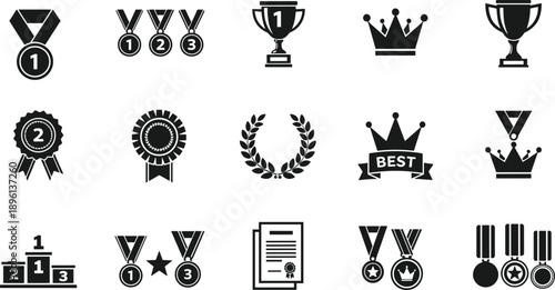 Award achievement silhouette icon collection, trophy medal crown ribbon podium laurel wreath certificate star recognition excellence competition success design elements, flat vector illustration