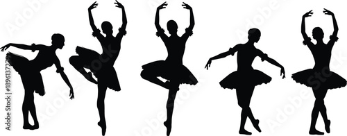 Ballet dancer silhouette icon collection, ballerina tutu classical dance poses with graceful arms and legs movement artistry performance design elements, flat vector illustration