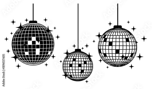 Black and white disco balls vector set with stars retro illustration