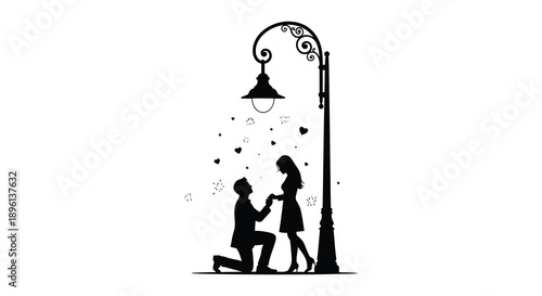 Romantic proposal under a street lamp featuring a dark silhouette