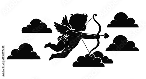 Cupid with bow and arrow flying among clouds a striking silhouette